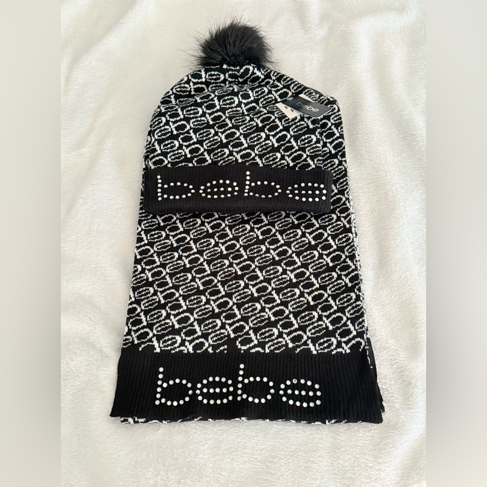 NWT Vintage Bebe Monogram Logo Beanie with Faux Fur Pom Pom and Scarf Set
